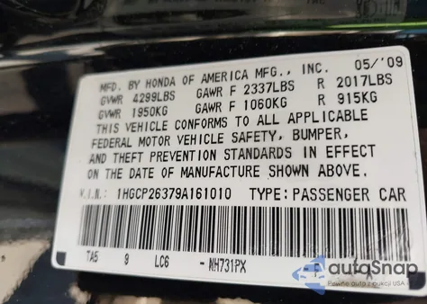 2009 Honda Accord 2.4 Lx из США, поврежденный, VIN 1HGCP26379A161010